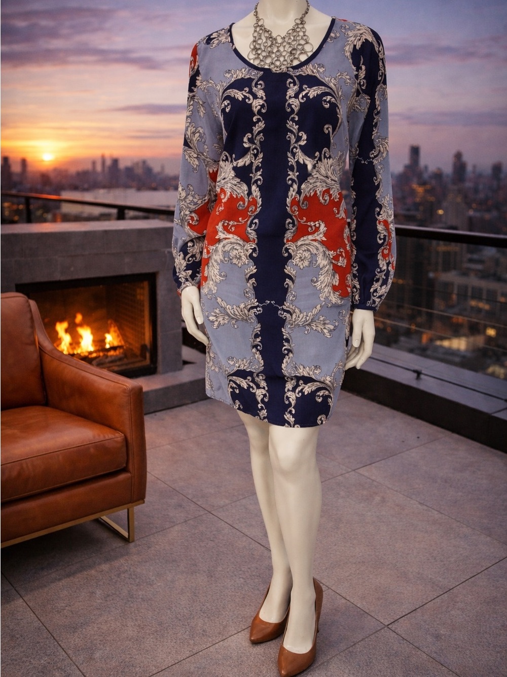 Women’s Navy & Light Blue Printed Shift Dress with Red Accents